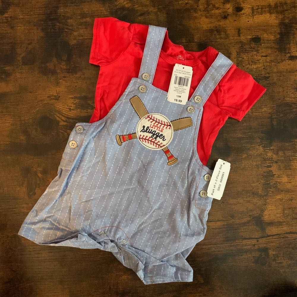 4/$60 sale — NEW Baby boy baseball theme overall set 12M